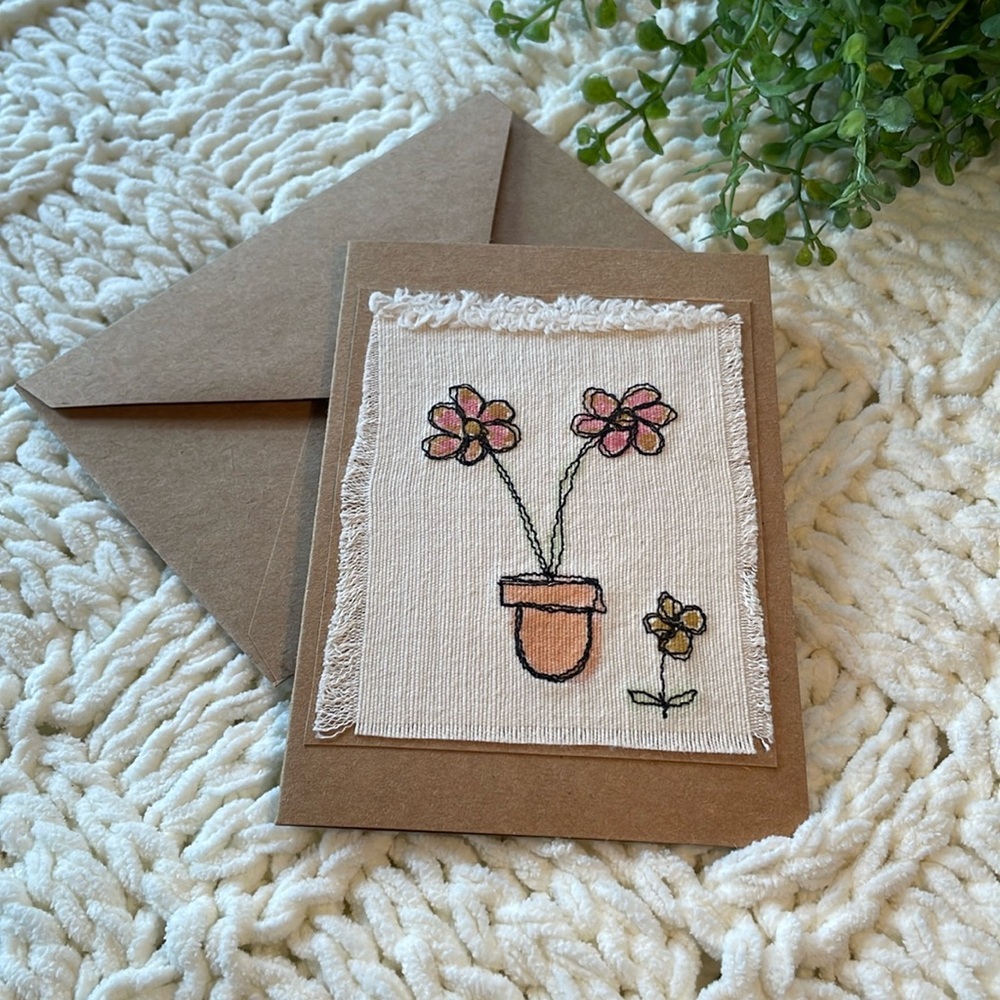 Handmade Greeting Card Whimsical Embroidered Floral Brown Kraft Cardstock
